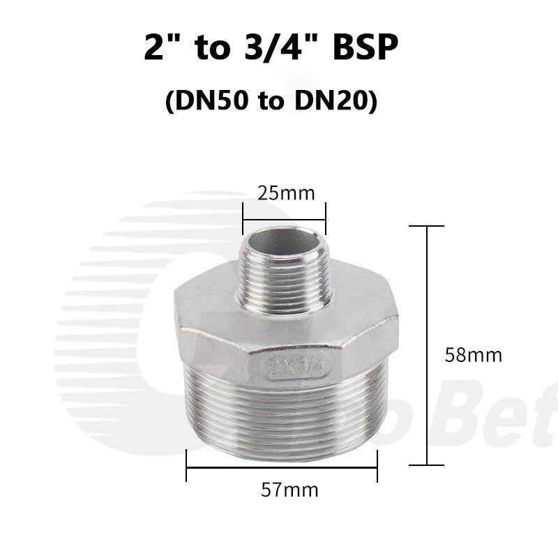 304 Stainless Steel Reducing Hex Nipple BSP Male Thread Pipe Fitting | 1/8" to 2"