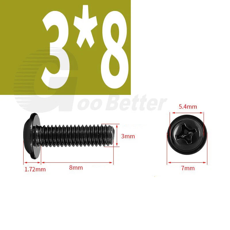 Black Zinc Flange Phillips Pan Head Machine Screws M1.4 M2 M2.5 M3 M4 M5 M6 — Washer-Free Metric Bolts