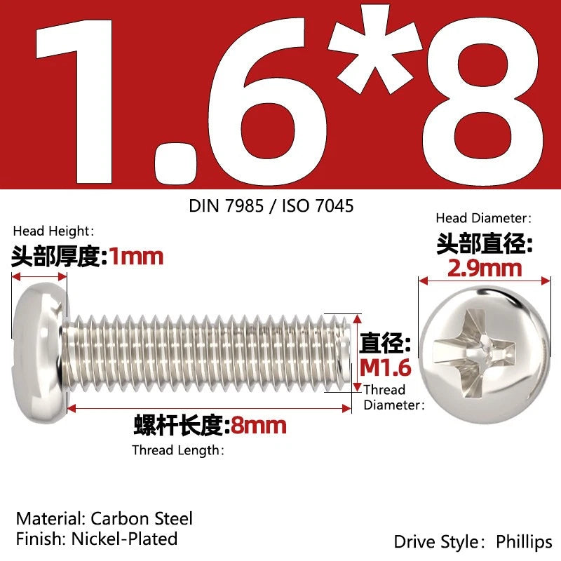 Nickel Plated Pan Head Phillips Machine Screws – ISO 7045, M1 to M4, Corrosion Resistant