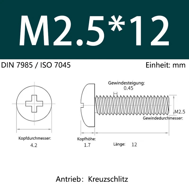 6063 Aluminium Phillips Pan Head Machine Screws DIN 7985 — M1.7 to M6 Metric