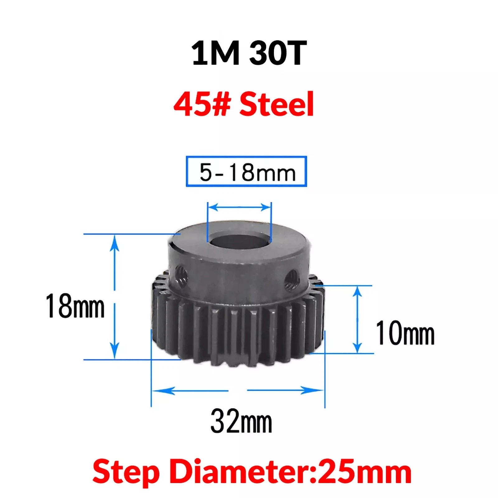 Mod 1 45# Steel Pinion Gear Spur Gears 10-60 T 14-50mm Bore With Step Motor Gear