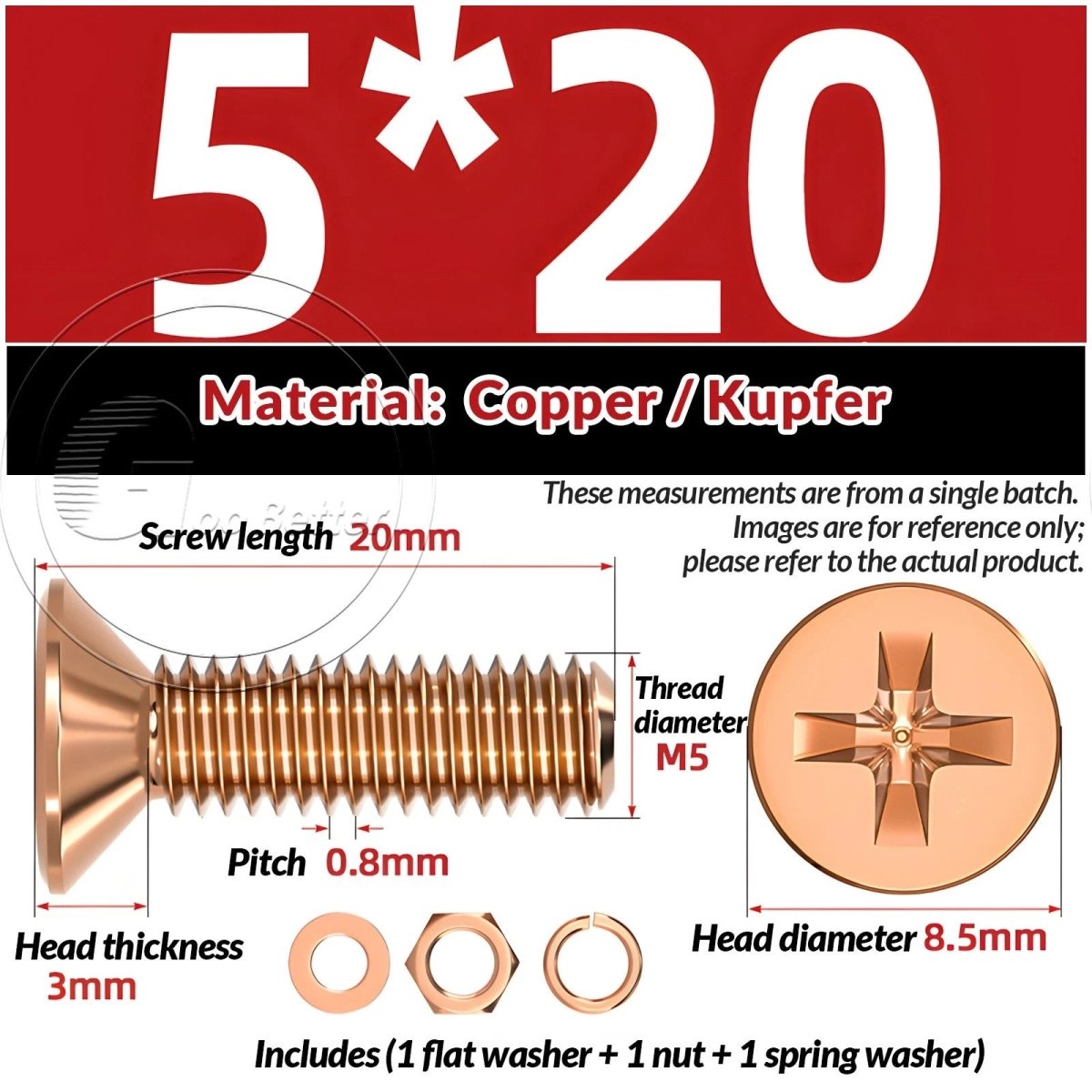 T2 Copper Pozi Countersunk Machine Screws with Flat Washer & Nut | M3–M10 - HomeDIYer
