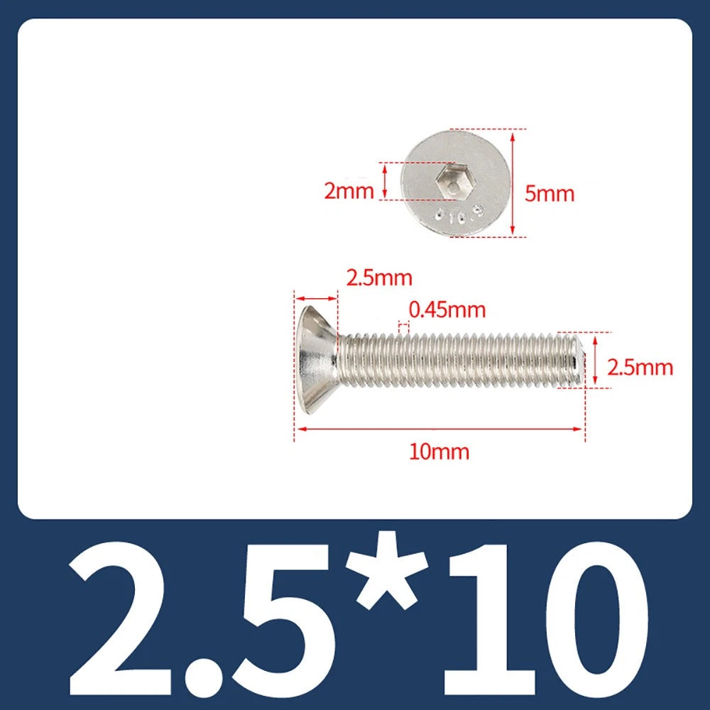 Grade 10.9 Alloy Steel Countersunk Socket Head Screws — M1.6 to M4, 10–500 Pcs