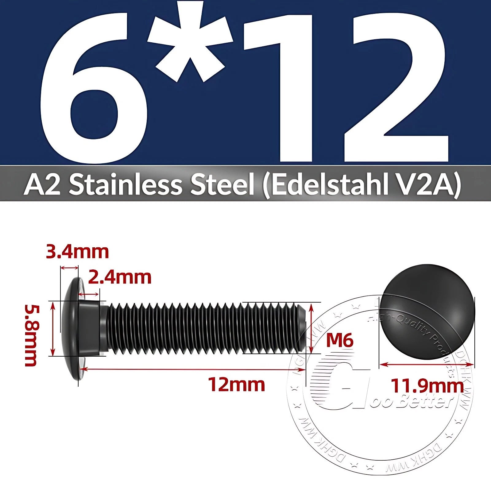 Black Stainless Steel Carriage Bolts M3–M12 | A2 Cup Square Dome Screws