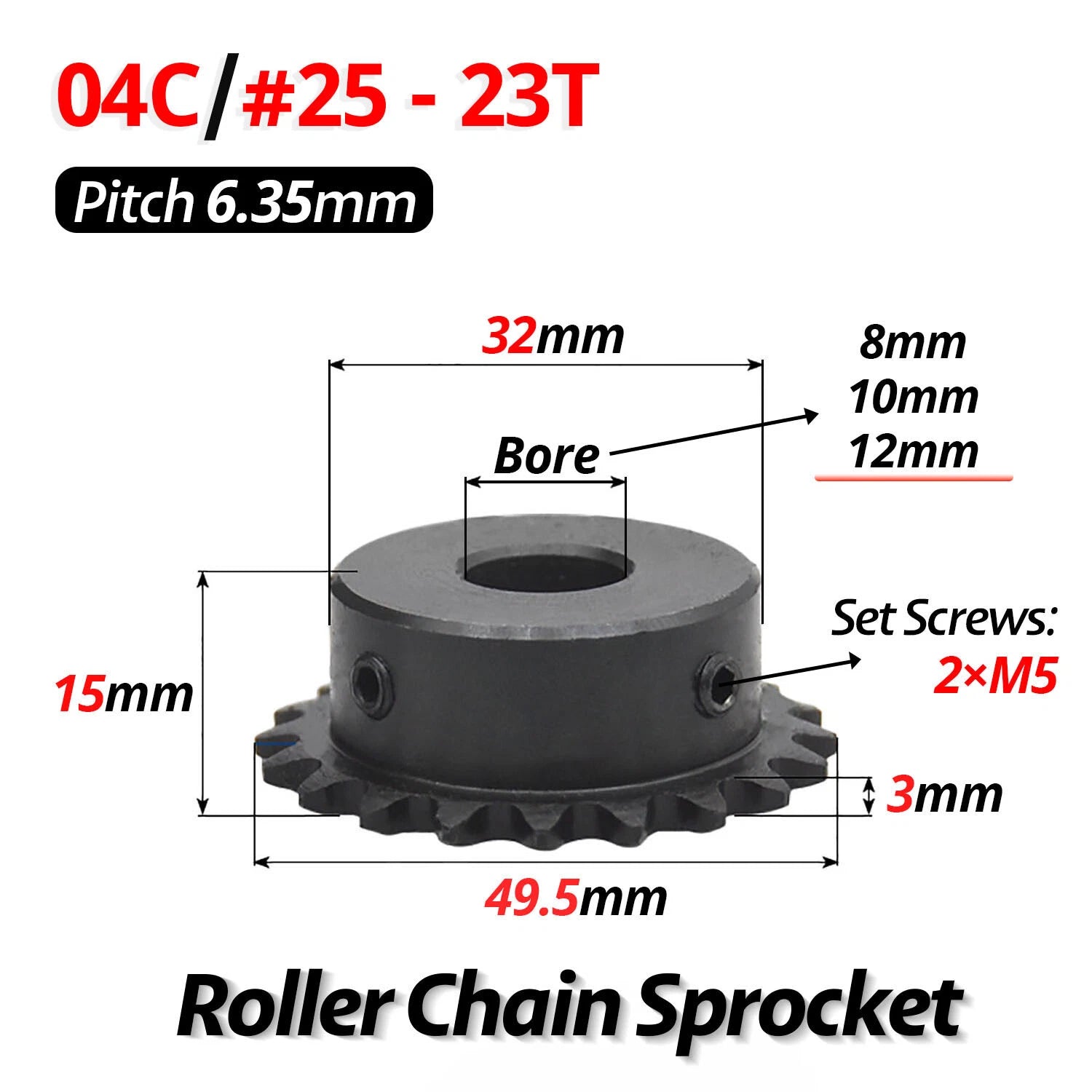 #25 Roller Chain Sprocket 04C 9T-40T Tooth Bore 5mm-20mm Pitch 6.35mm (1/4 inch)