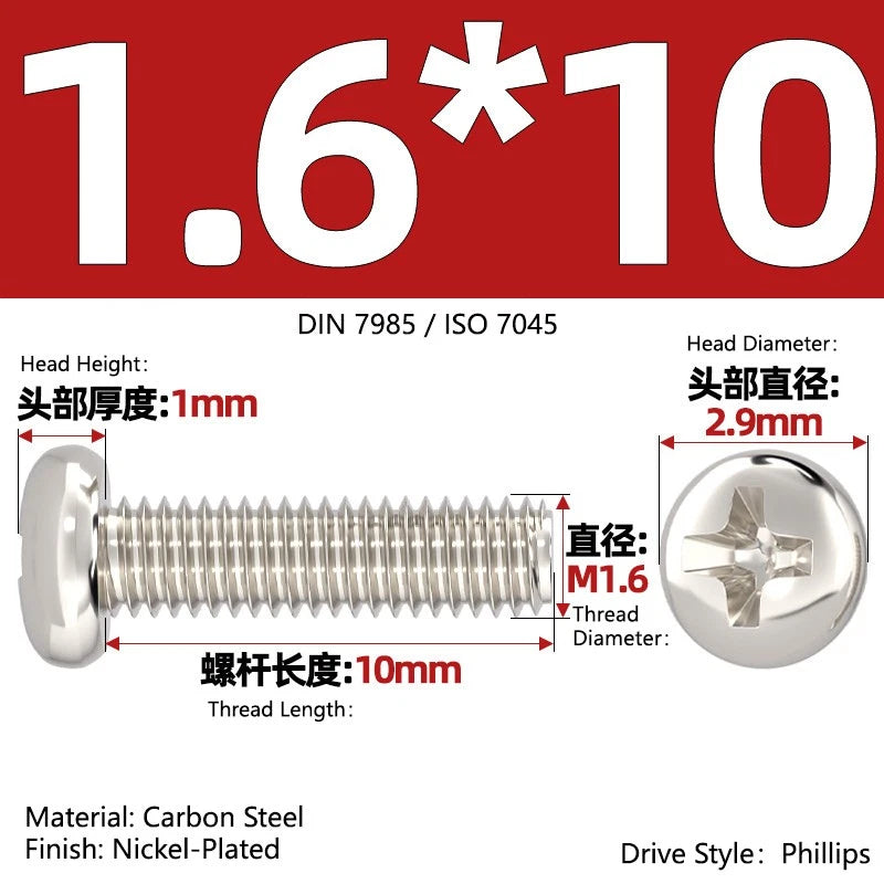 Nickel Plated Pan Head Phillips Machine Screws – ISO 7045, M1 to M4, Corrosion Resistant