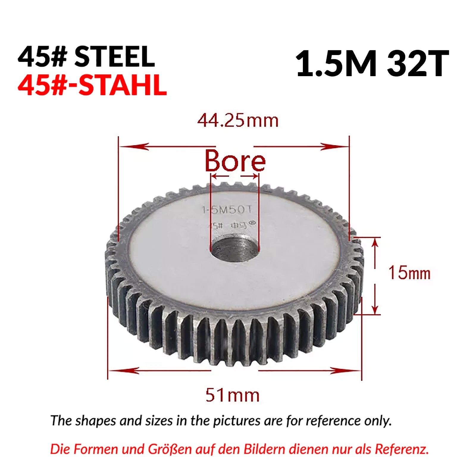 1.5 Mod 12/13/14/15/16/17/18/20-120T 45# Spur Gear Thickn 15mm Transmission Gear