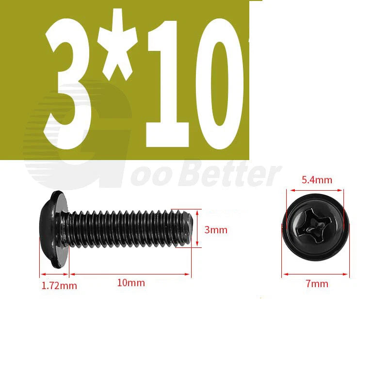 Black Zinc Flange Phillips Pan Head Machine Screws M1.4 M2 M2.5 M3 M4 M5 M6 — Washer-Free Metric Bolts