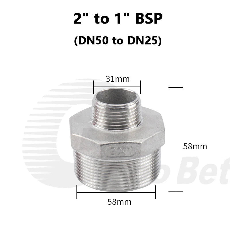 304 Stainless Steel Reducing Hex Nipple BSP Male Thread Pipe Fitting | 1/8" to 2"