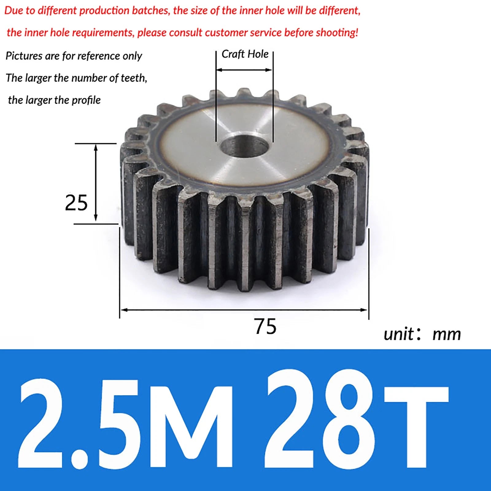 2.5 Mod 10T - 79T Spur Gear 45# Steel Pinion Gear Thickn 25MM Transmission Gear