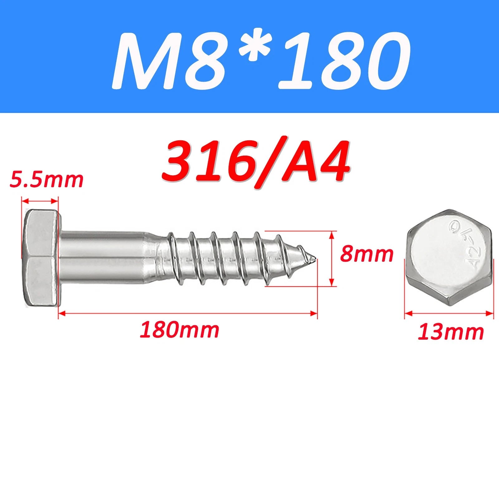 316 Stainless Steel Hex Head Lag Screws Marine Grade Wood Lag Bolts A4 Rustproof