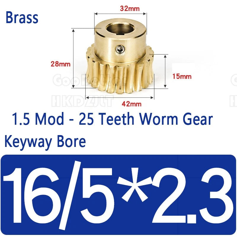 Mod 1.5 Worm Gear Wheel Brass 25 Tooth Worm Shaft 45# Steel Precision Ø 8-17 mm