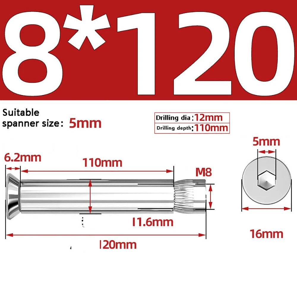 M6–M12 Countersunk Hex Socket Expansion Bolts — 304 & 201 Stainless Steel, A-Type & B-Type
