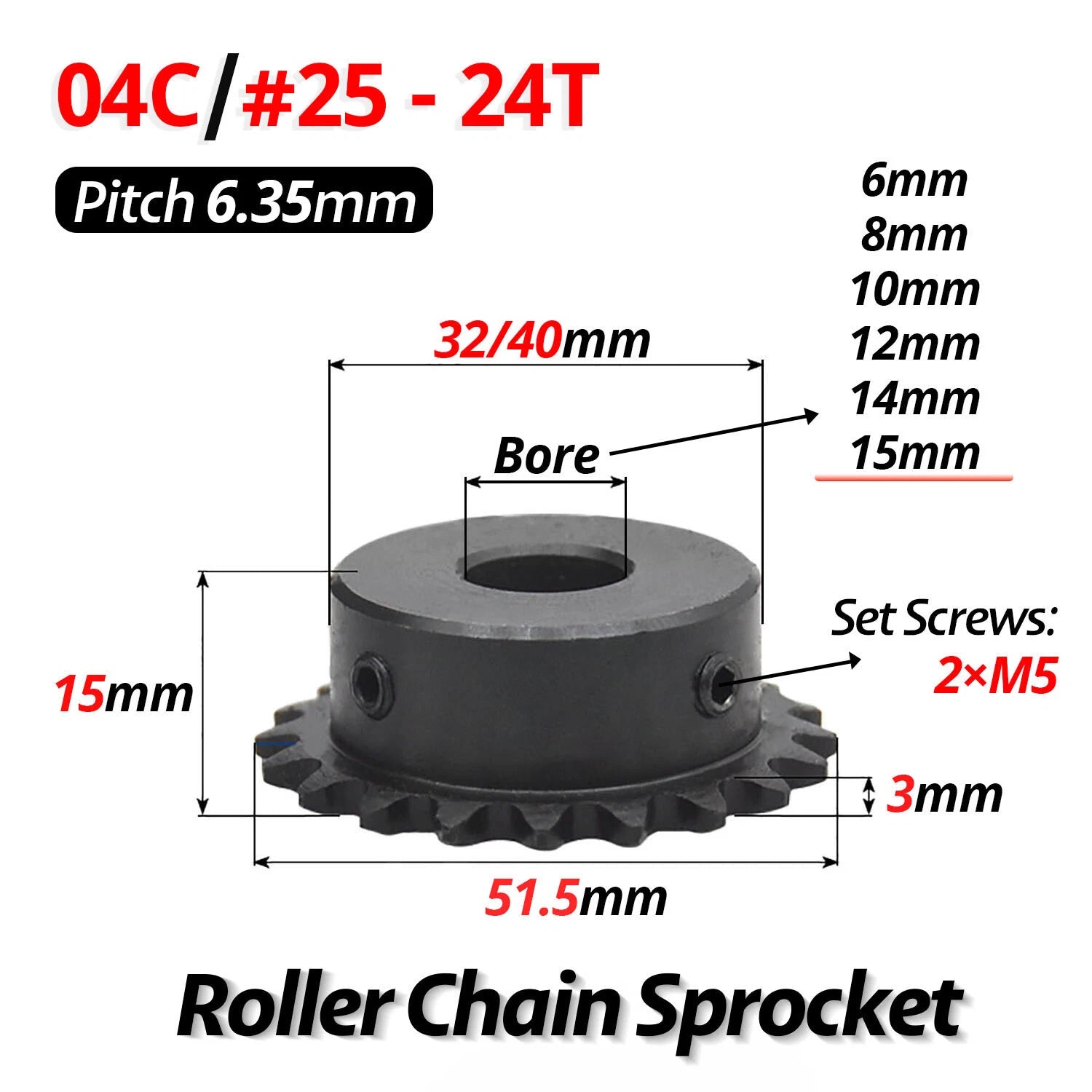 #25 Roller Chain Sprocket 04C 9T-40T Tooth Bore 5mm-20mm Pitch 6.35mm (1/4 inch)