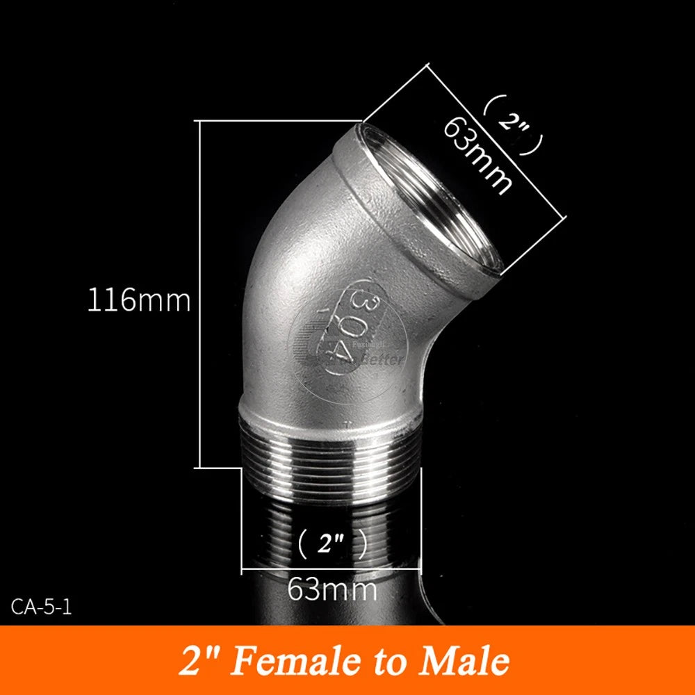 45° BSPT Threaded Elbow Pipe Fittings — A2 Stainless Steel, 1/8" to 4", Female & Female-to-Male