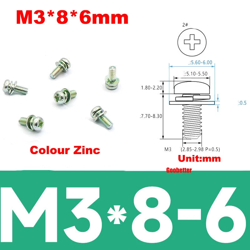 M2 M2.6 M3 M4 Phillips Pan Head Machine Screws with Washer Set – Carbon Steel, Multiple Finishes