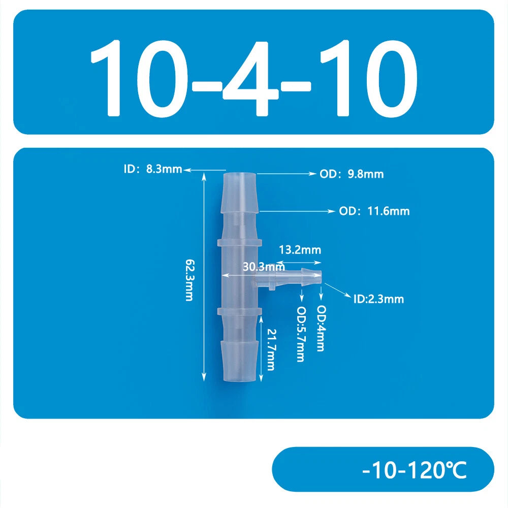 Plastic T-Type Barb Reducing Hose Fitting | 3-Way Tube Connector 1.6mm–14mm