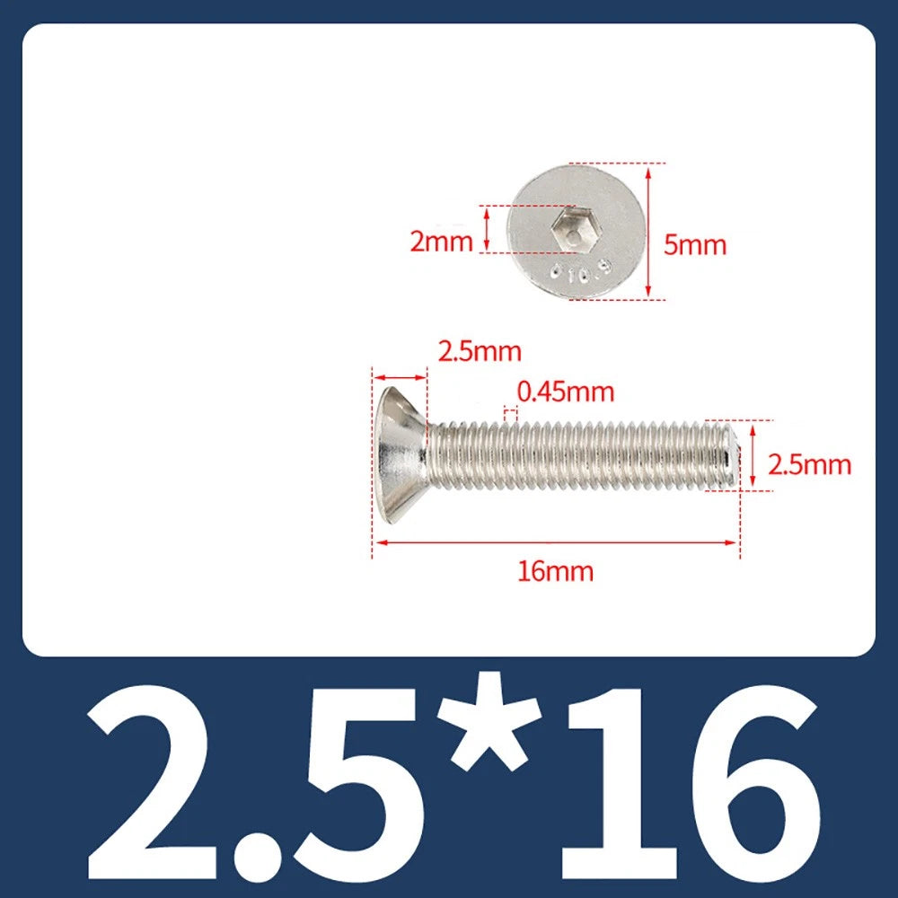 Grade 10.9 Alloy Steel Countersunk Socket Head Screws — M1.6 to M4, 10–500 Pcs