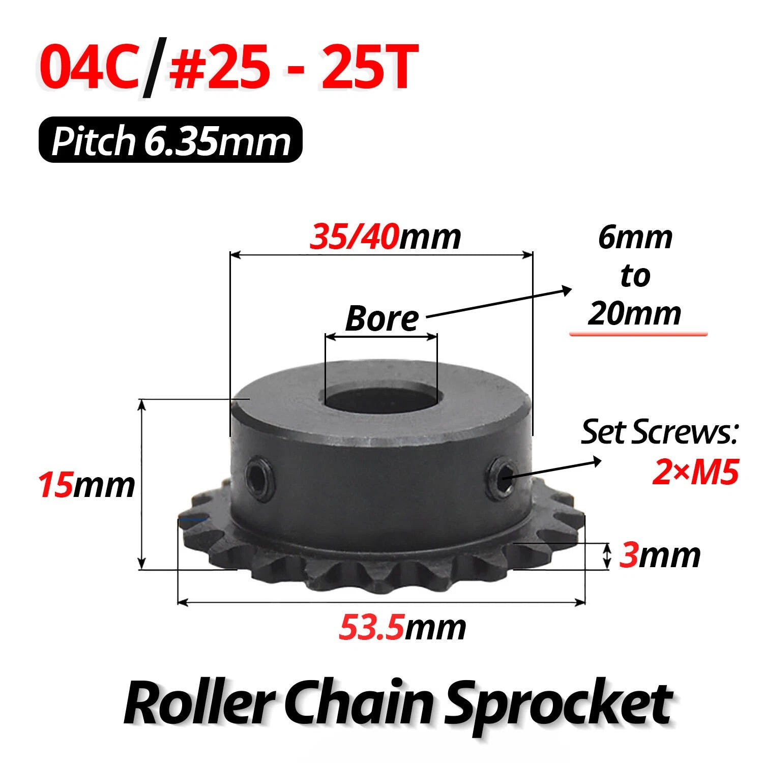 #25 Roller Chain Sprocket 04C 9T-40T Tooth Bore 5mm-20mm Pitch 6.35mm (1/4 inch)