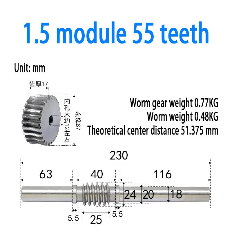 1/1.5/2/2.5/3/4 Module 15T to 100T Gear Steel Worm Wheel Gear & Worm Gear Shaft