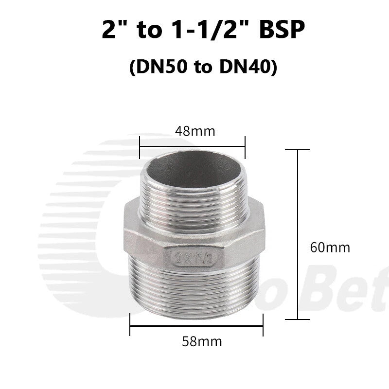 304 Stainless Steel Reducing Hex Nipple BSP Male Thread Pipe Fitting | 1/8" to 2"