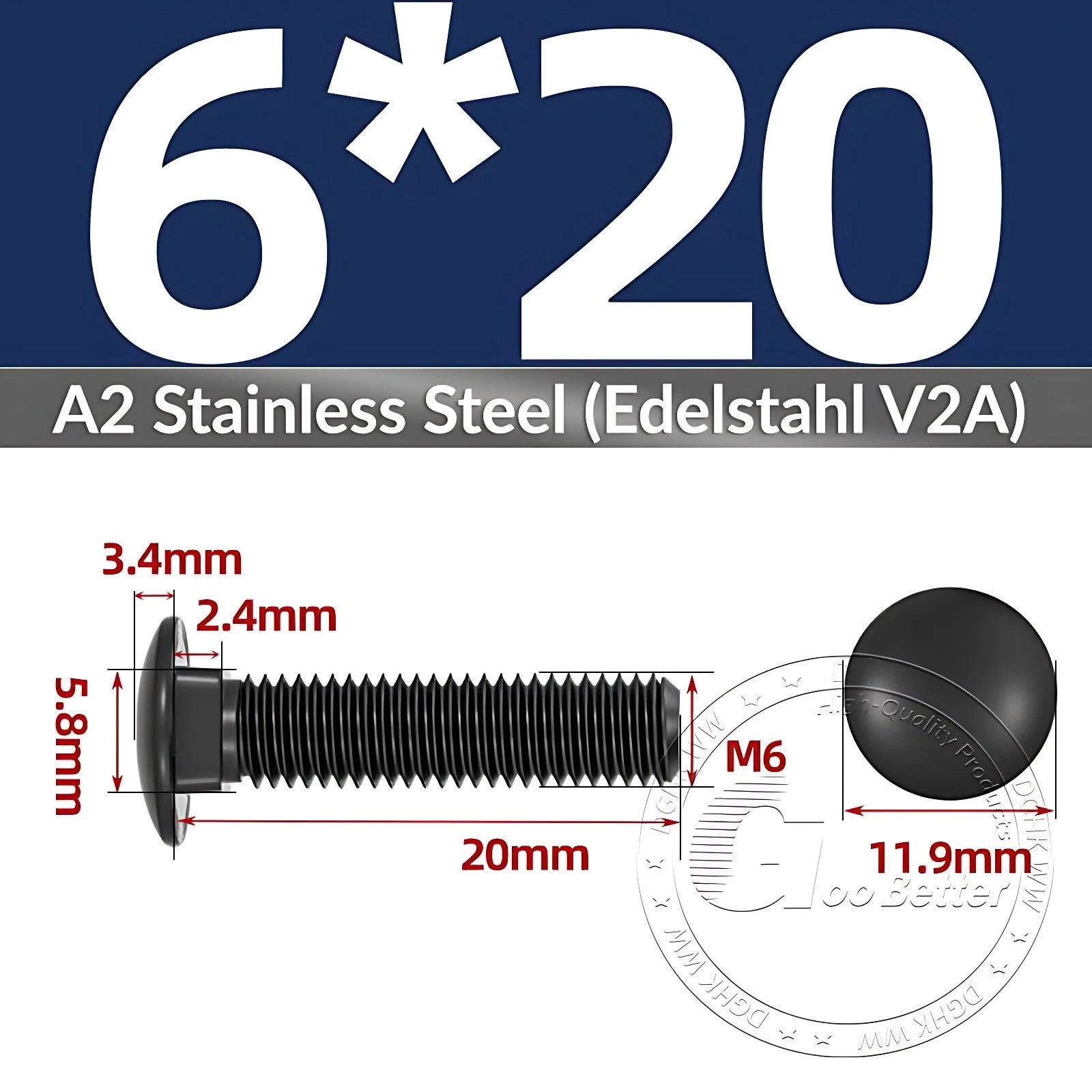 Black Stainless Steel Carriage Bolts M3–M12 | A2 Cup Square Dome Screws