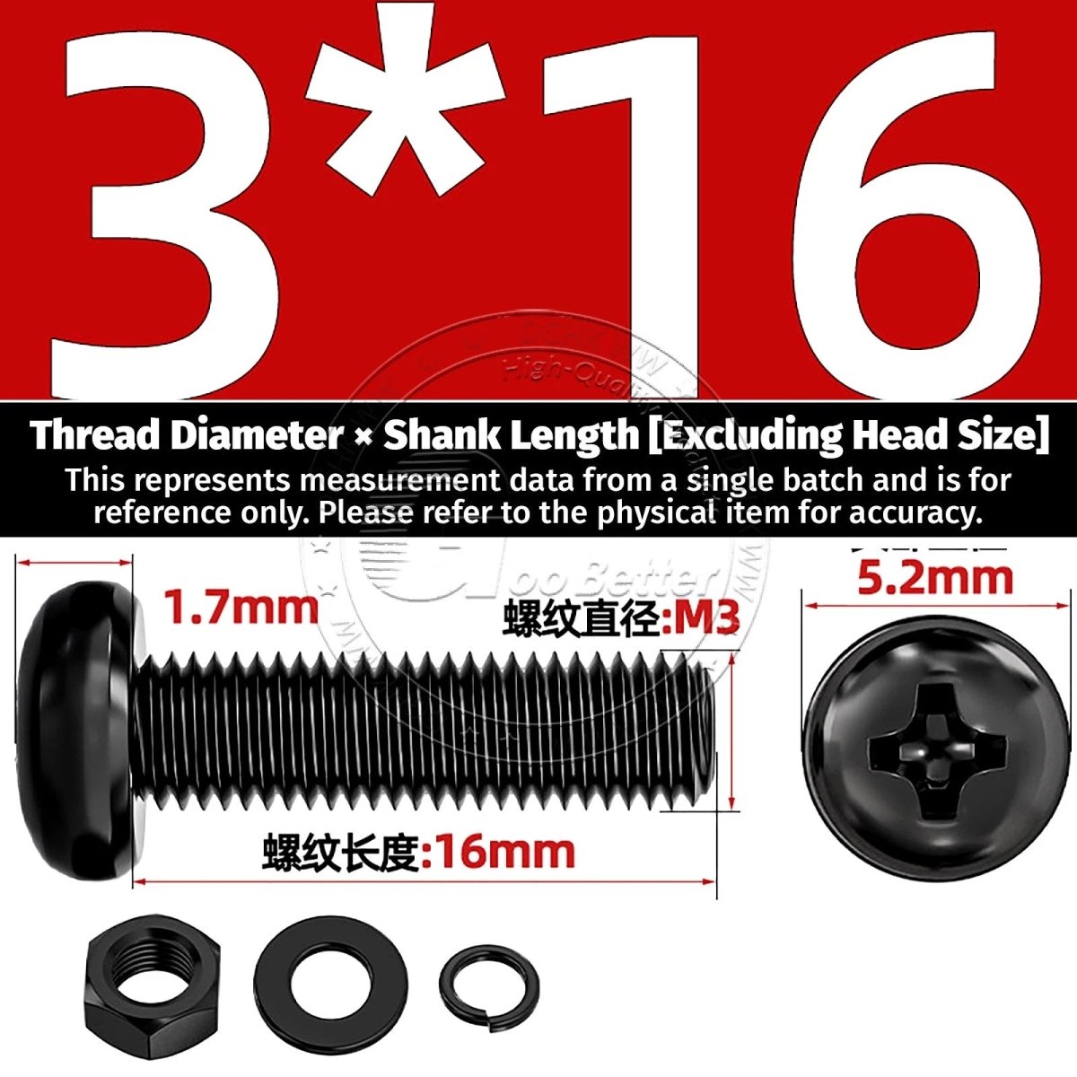 Black Phillips Pan Head Machine Screws with Washers — Metric M2 to M6 - HomeDIYer
