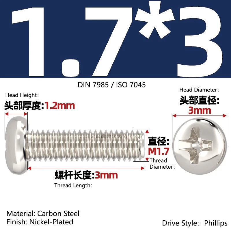 Nickel Plated Pan Head Phillips Machine Screws – ISO 7045, M1 to M4, Corrosion Resistant