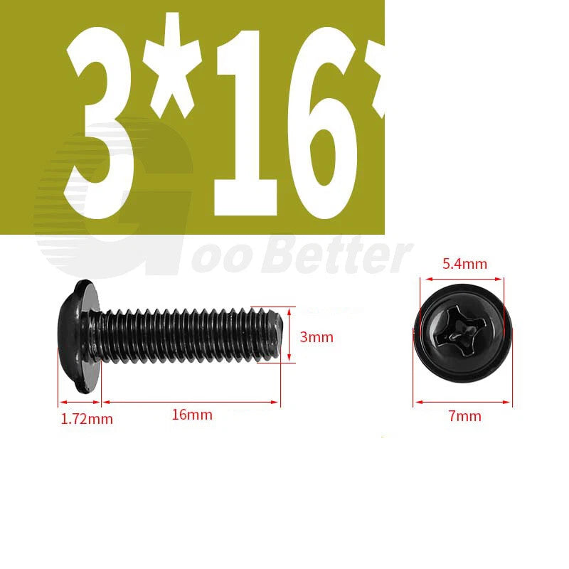 Black Zinc Flange Phillips Pan Head Machine Screws M1.4 M2 M2.5 M3 M4 M5 M6 — Washer-Free Metric Bolts