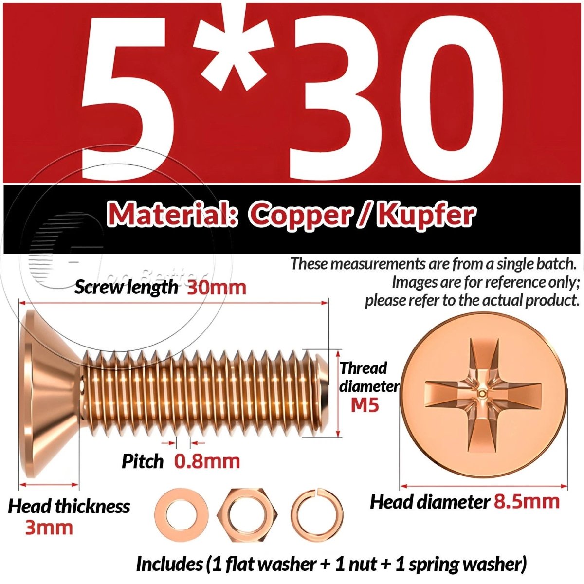 T2 Copper Pozi Countersunk Machine Screws with Flat Washer & Nut | M3–M10 - HomeDIYer