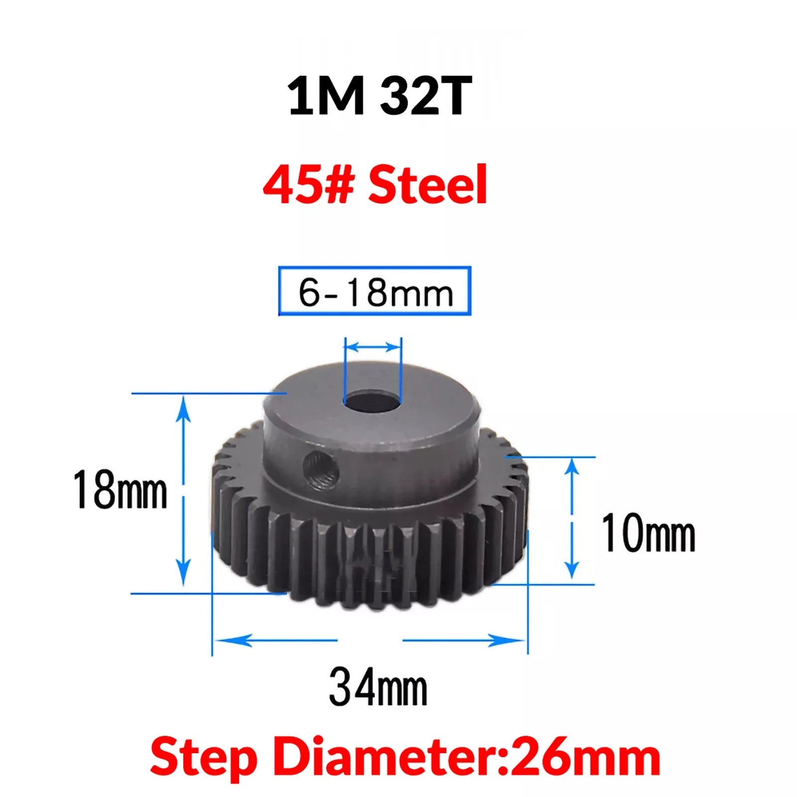 Mod 1 45# Steel Pinion Gear Spur Gears 10-60 T 14-50mm Bore With Step Motor Gear
