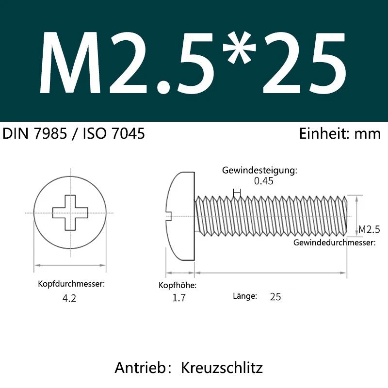 6063 Aluminium Phillips Pan Head Machine Screws DIN 7985 — M1.7 to M6 Metric