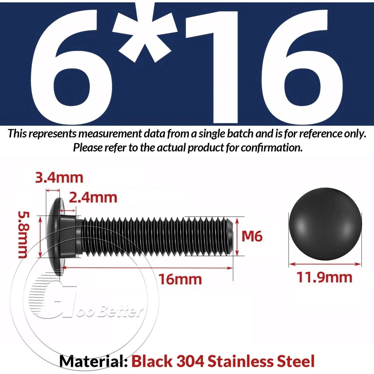 Black Carriage Bolts M3 M4 M5 M6 — Cup Square Domed Head, A2 - 70 Stainless Steel - HomeDIYer