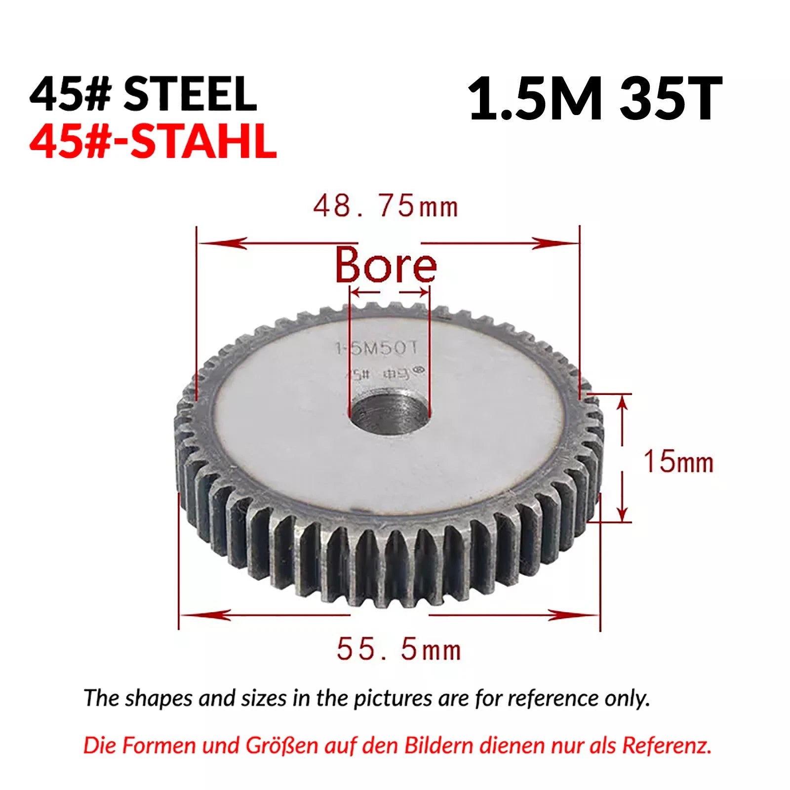 1.5 Mod 12/13/14/15/16/17/18/20-120T 45# Spur Gear Thickn 15mm Transmission Gear