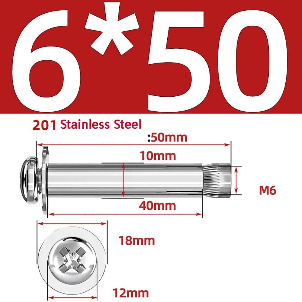 M6 M8 M10 Stainless Steel Expansion Screws — Round Head Phillips Drive, 40–100mm