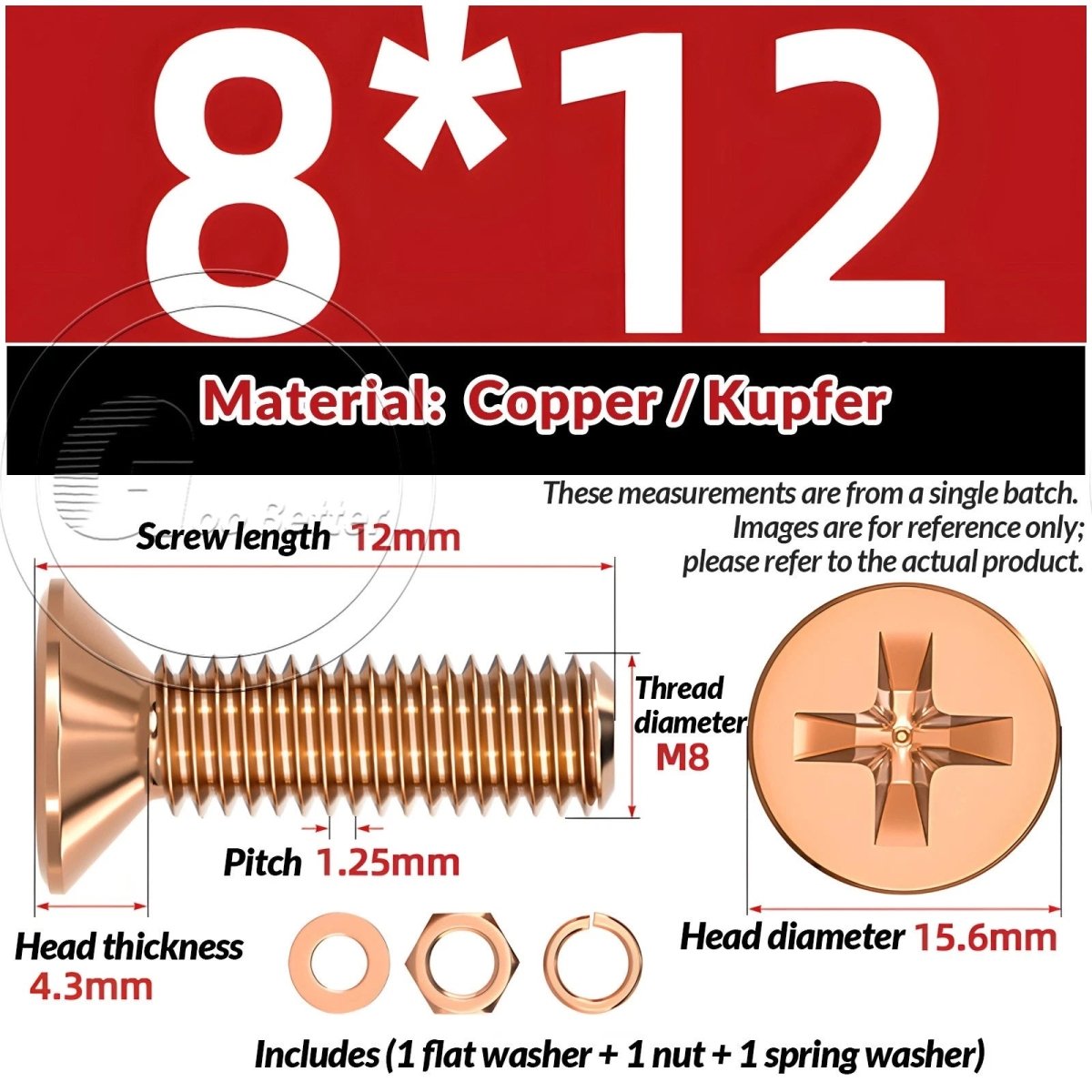 T2 Copper Pozi Countersunk Machine Screws with Flat Washer & Nut | M3–M10 - HomeDIYer