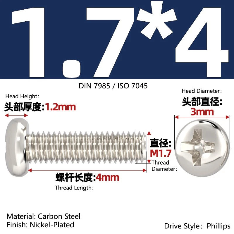Nickel Plated Pan Head Phillips Machine Screws – ISO 7045, M1 to M4, Corrosion Resistant