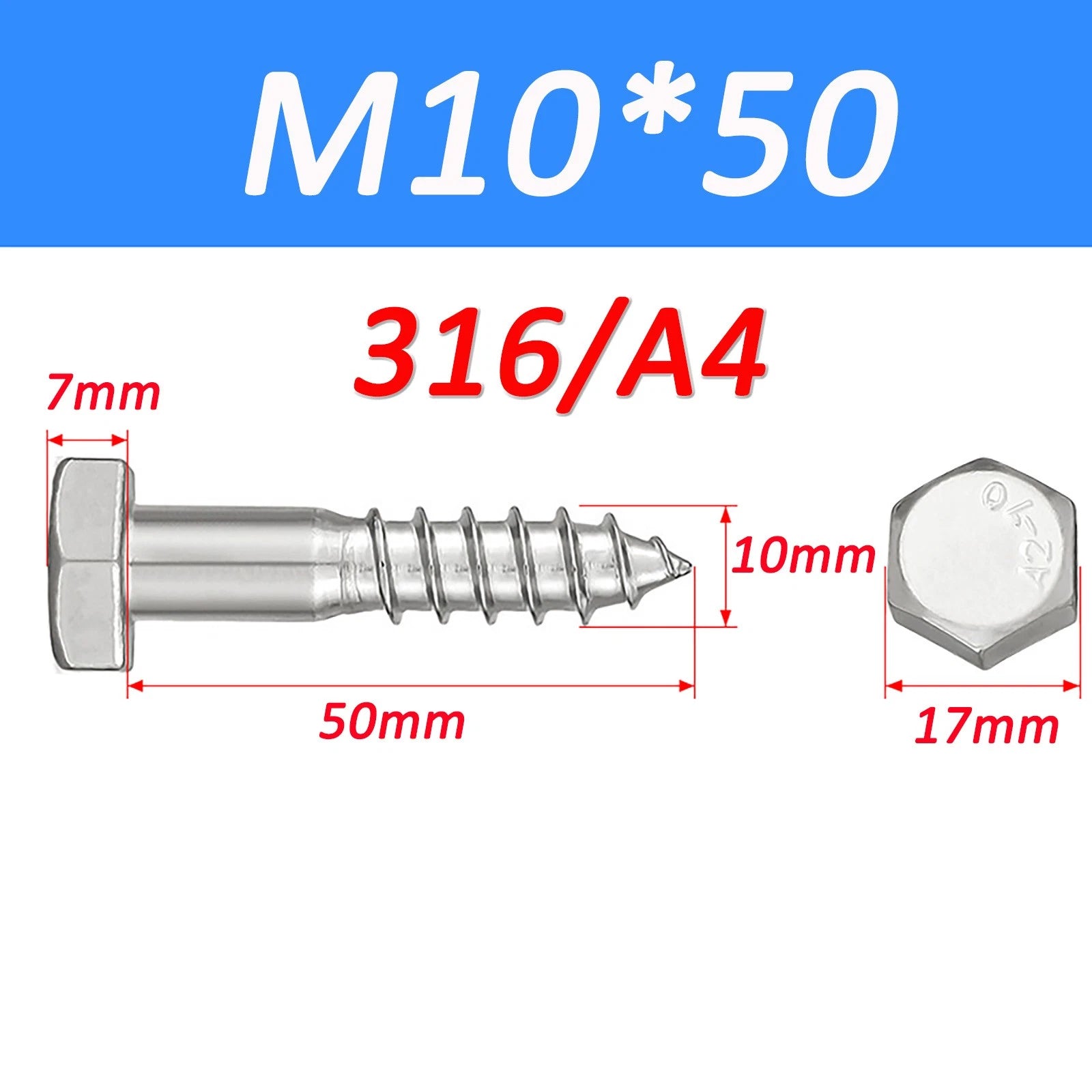 316 Stainless Steel Hex Head Lag Screws Marine Grade Wood Lag Bolts A4 Rustproof
