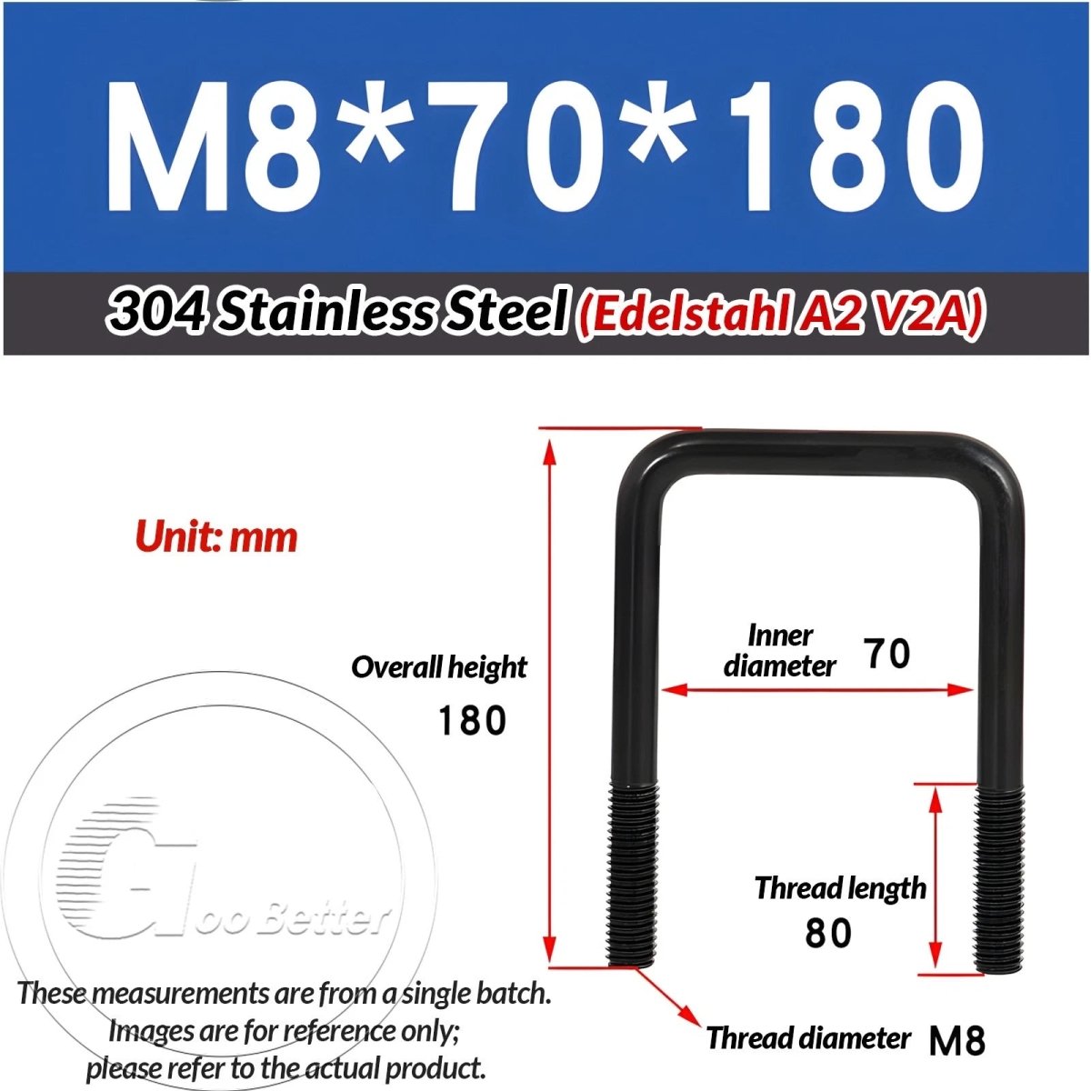 Black Square U - Bolts 304 Stainless Steel Fixing Clamp — M6 M8 M10 - HomeDIYer