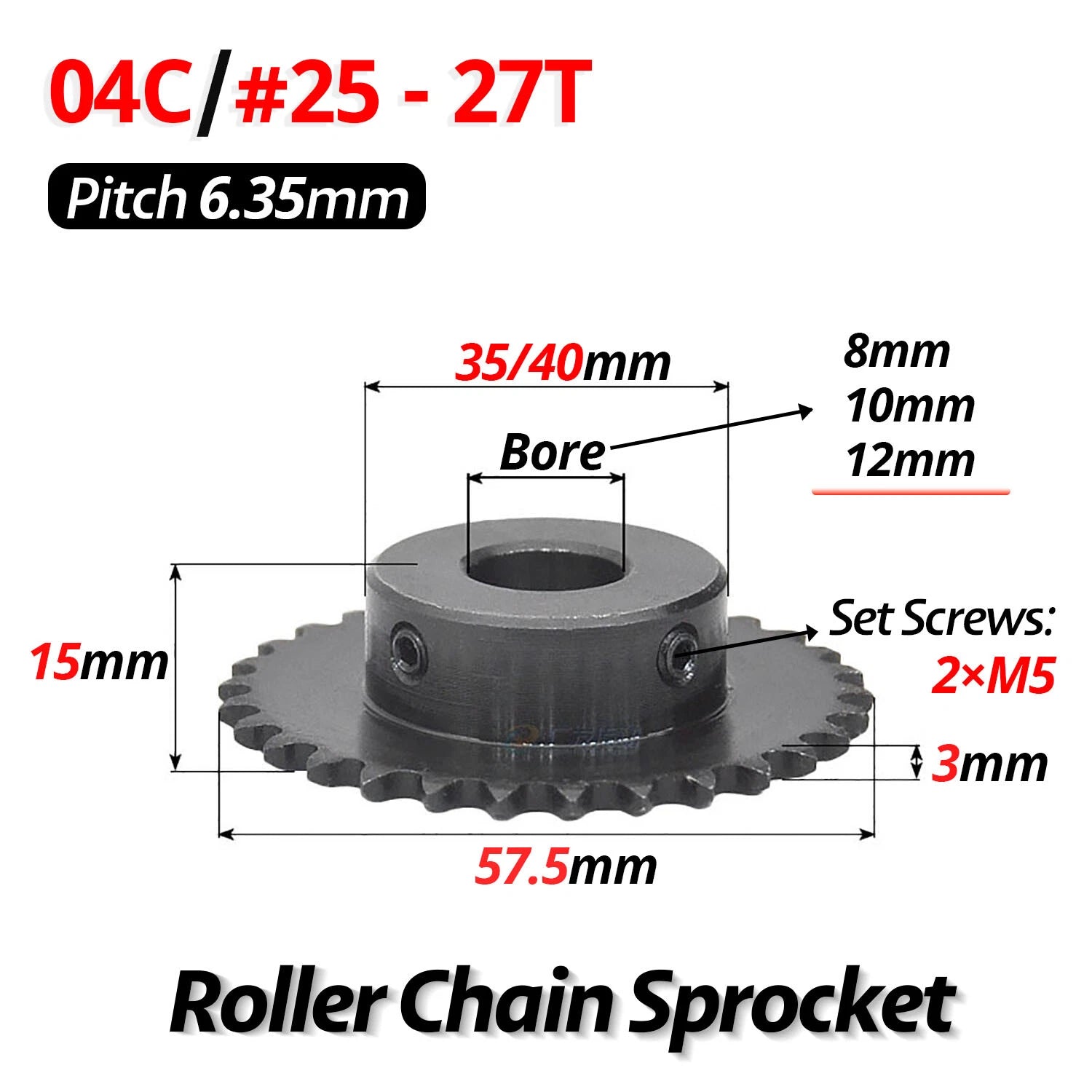 #25 Roller Chain Sprocket 04C 9T-40T Tooth Bore 5mm-20mm Pitch 6.35mm (1/4 inch)