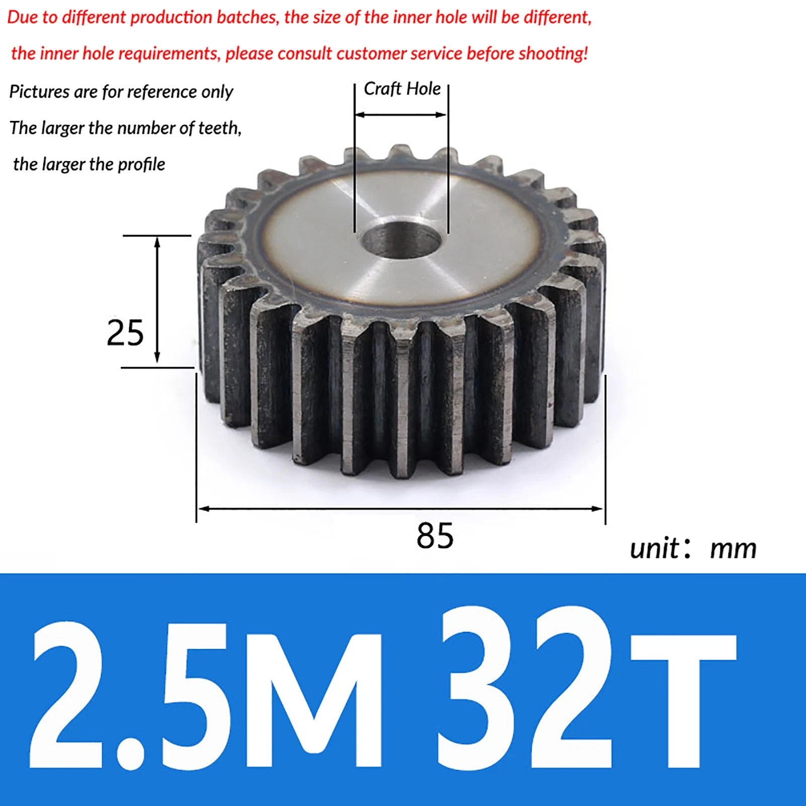 2.5 Mod 10T - 79T Spur Gear 45# Steel Pinion Gear Thickn 25MM Transmission Gear