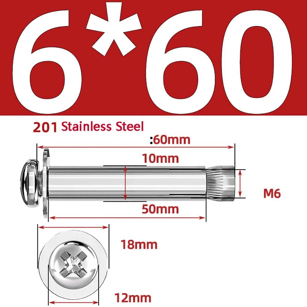 M6 M8 M10 Stainless Steel Expansion Screws — Round Head Phillips Drive, 40–100mm