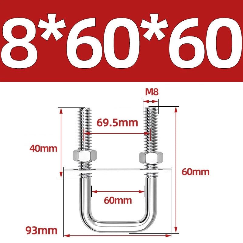 M8 Square U - Bolts Stainless Steel A2 with Plates and Nuts — Multiple Sizes - HomeDIYer