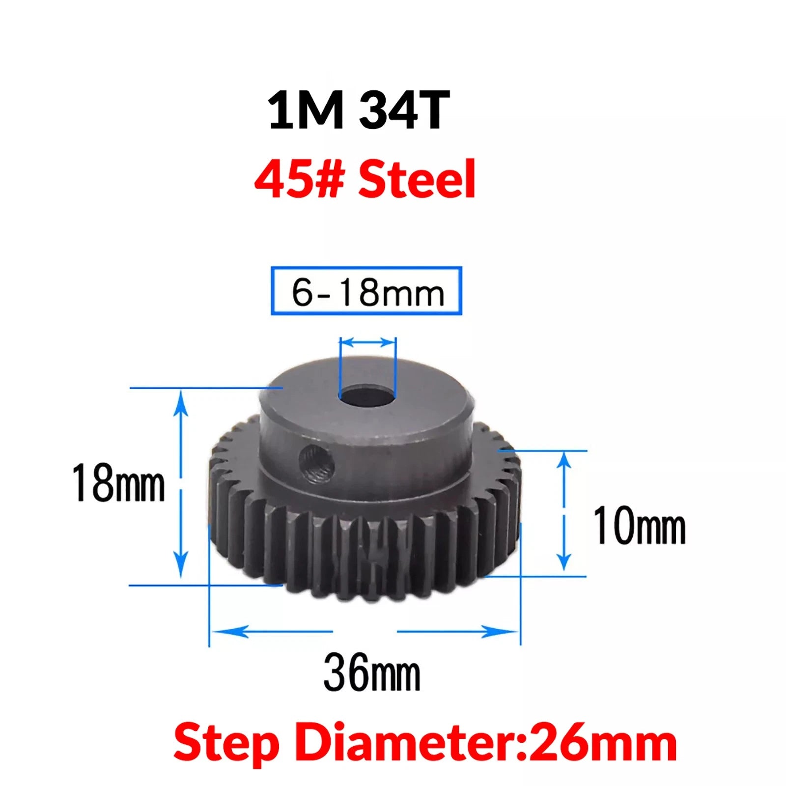 Mod 1 45# Steel Pinion Gear Spur Gears 10-60 T 14-50mm Bore With Step Motor Gear