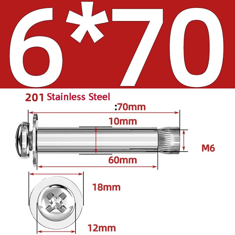 M6 M8 M10 Stainless Steel Expansion Screws — Round Head Phillips Drive, 40–100mm