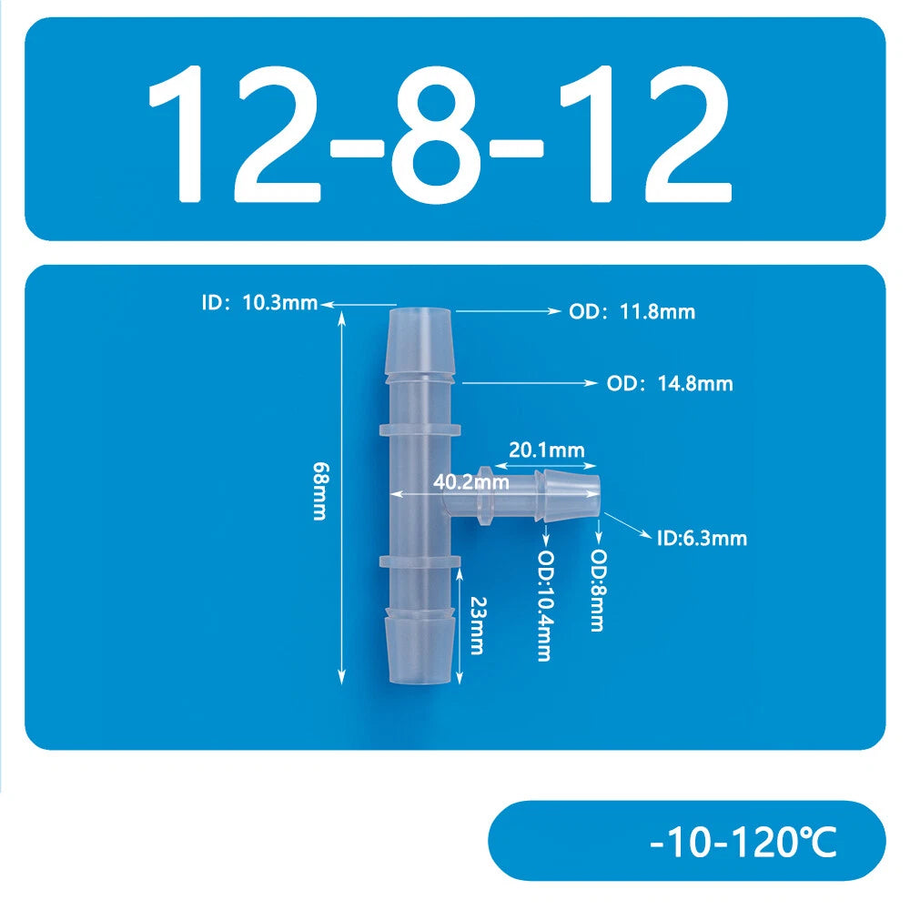 Plastic T-Type Barb Reducing Hose Fitting | 3-Way Tube Connector 1.6mm–14mm