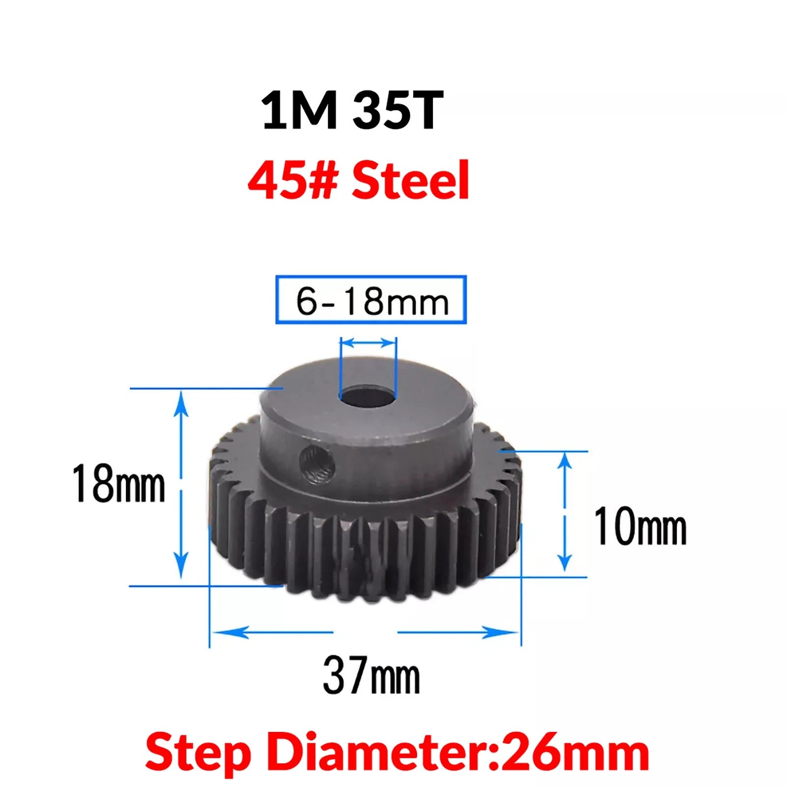 Mod 1 45# Steel Pinion Gear Spur Gears 10-60 T 14-50mm Bore With Step Motor Gear