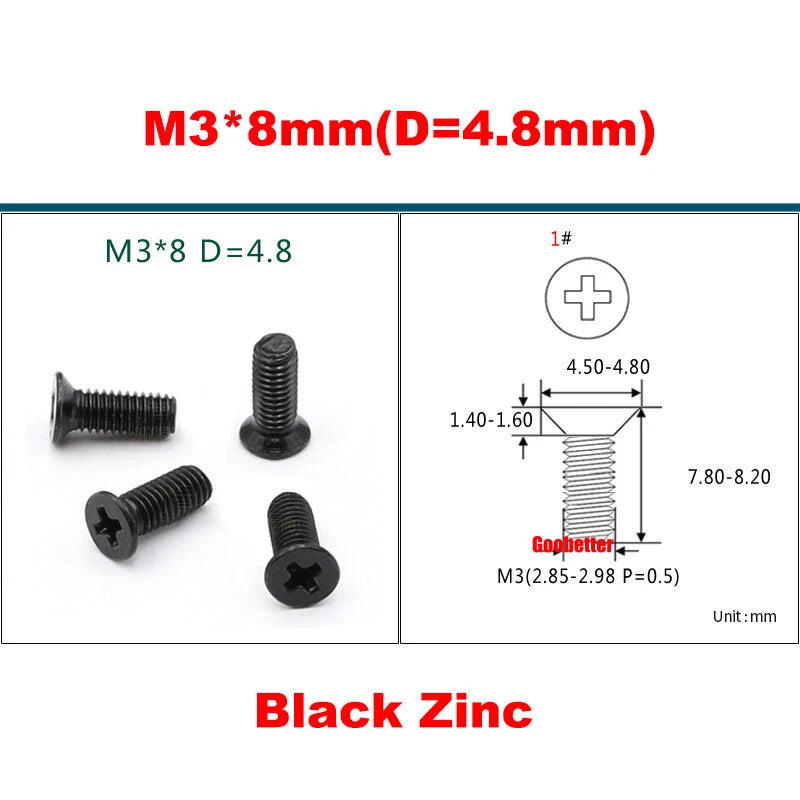 KM3 Phillips Countersunk Machine Screws – M3 x 3–18mm, Carbon or 304 Stainless, Multiple Finishes (Cross Flat Head)