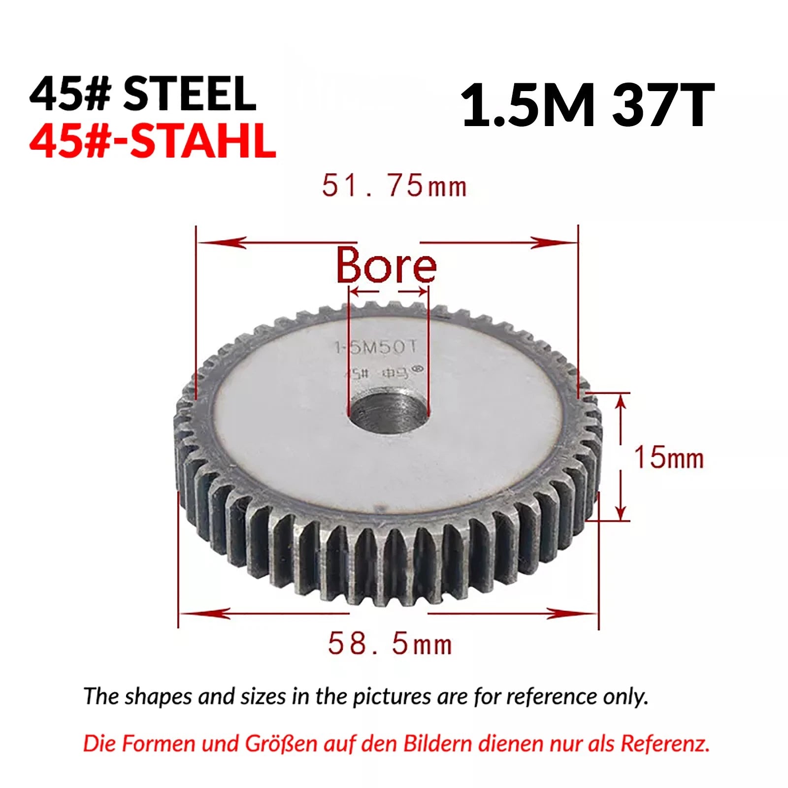 1.5 Mod 12/13/14/15/16/17/18/20-120T 45# Spur Gear Thickn 15mm Transmission Gear