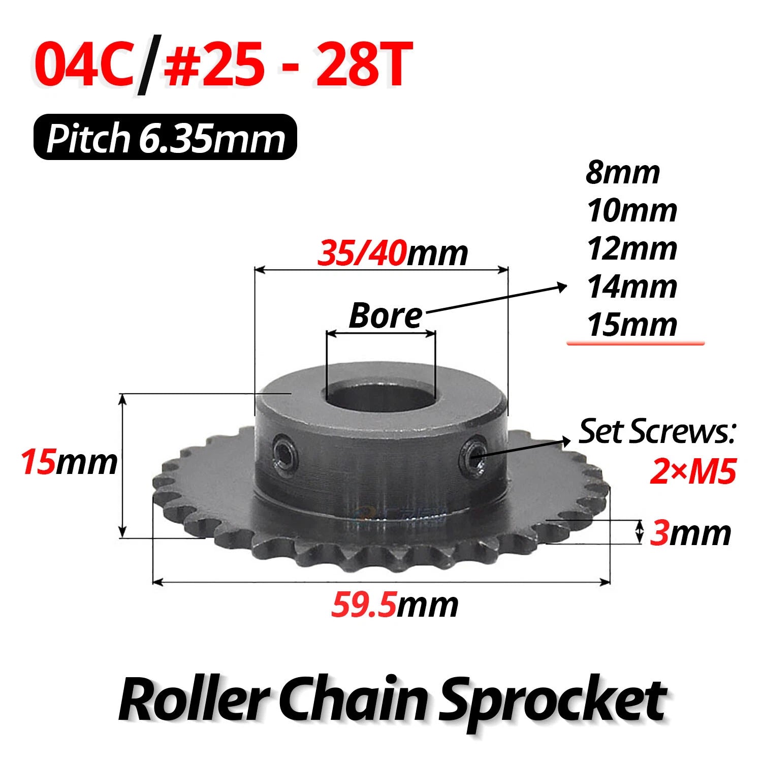 #25 Roller Chain Sprocket 04C 9T-40T Tooth Bore 5mm-20mm Pitch 6.35mm (1/4 inch)